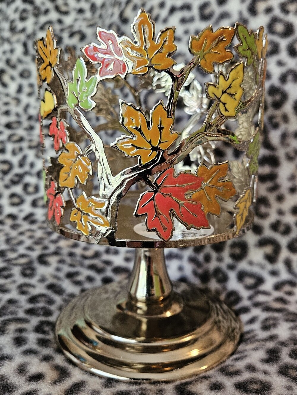 Bath & Body Works Gold Autumn Fall Maple Leaves 3-Wick Candle Pedestal Holder